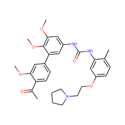 COc1cc(-c2cc(NC(=O)Nc3cc(OCCN4CCCC4)ccc3C)cc(OC)c2OC)ccc1C(C)=O ZINC000103228657