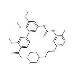 COc1cc(-c2cc(NC(=O)Nc3cc(OCCN4CCOCC4)ccc3C)cc(OC)c2OC)ccc1C(C)=O ZINC000103228660