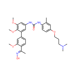 COc1cc(-c2cc(NC(=O)Nc3ccc(OCCCN(C)C)cc3C)cc(OC)c2OC)ccc1/C(C)=N/O ZINC000103228677