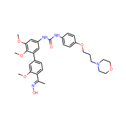 COc1cc(-c2cc(NC(=O)Nc3ccc(OCCCN4CCOCC4)cc3)cc(OC)c2OC)ccc1/C(C)=N/O ZINC000169324004