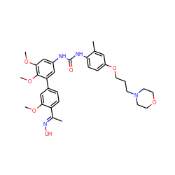 COc1cc(-c2cc(NC(=O)Nc3ccc(OCCCN4CCOCC4)cc3C)cc(OC)c2OC)ccc1/C(C)=N/O ZINC000103228601