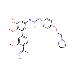 COc1cc(-c2cc(NC(=O)Nc3ccc(OCCN4CCCC4)cc3)cc(OC)c2OC)ccc1/C(C)=N/O ZINC000169323999