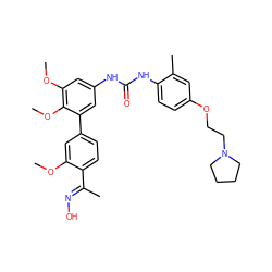 COc1cc(-c2cc(NC(=O)Nc3ccc(OCCN4CCCC4)cc3C)cc(OC)c2OC)ccc1/C(C)=N/O ZINC000103228683