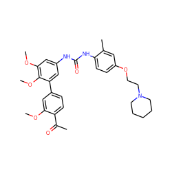 COc1cc(-c2cc(NC(=O)Nc3ccc(OCCN4CCCCC4)cc3C)cc(OC)c2OC)ccc1C(C)=O ZINC000103228633