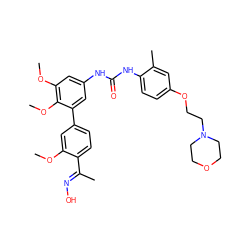 COc1cc(-c2cc(NC(=O)Nc3ccc(OCCN4CCOCC4)cc3C)cc(OC)c2OC)ccc1/C(C)=N/O ZINC000103228688