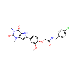 COc1cc(-c2cc3c([nH]2)c(=O)n(C)c(=O)n3C)ccc1OCC(=O)NCc1ccc(Cl)cc1 ZINC000013678883