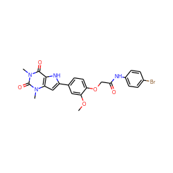 COc1cc(-c2cc3c([nH]2)c(=O)n(C)c(=O)n3C)ccc1OCC(=O)Nc1ccc(Br)cc1 ZINC000013678795