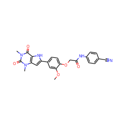 COc1cc(-c2cc3c([nH]2)c(=O)n(C)c(=O)n3C)ccc1OCC(=O)Nc1ccc(C#N)cc1 ZINC000013678808