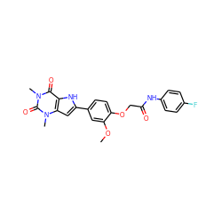 COc1cc(-c2cc3c([nH]2)c(=O)n(C)c(=O)n3C)ccc1OCC(=O)Nc1ccc(F)cc1 ZINC000013678802