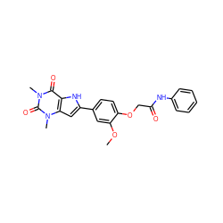 COc1cc(-c2cc3c([nH]2)c(=O)n(C)c(=O)n3C)ccc1OCC(=O)Nc1ccccc1 ZINC000013678804