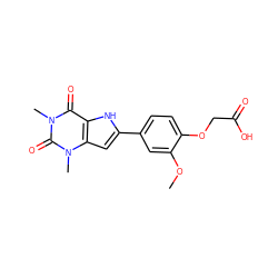 COc1cc(-c2cc3c([nH]2)c(=O)n(C)c(=O)n3C)ccc1OCC(=O)O ZINC000013678982