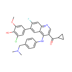 COc1cc(-c2cc3c(Nc4ccc(CN(C)C)cc4)c(C(=O)C4CC4)cnc3cc2F)cc(Cl)c1O ZINC000219360975