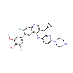 COc1cc(-c2cc3c(Nc4ccc(N5CCNCC5)nc4)c(C(=O)C4CC4)cnc3cc2F)cc(Cl)c1O ZINC000203805584