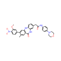 COc1cc(-c2cc3c(cc2C)C(=O)Nc2cc(CC(=O)Nc4ccc(N5CCOCC5)cc4)ccc2N3)ccc1[N+](=O)[O-] ZINC000042967205