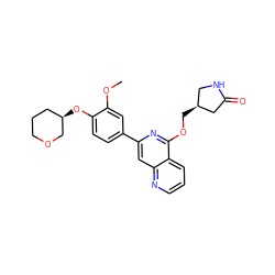 COc1cc(-c2cc3ncccc3c(OC[C@H]3CNC(=O)C3)n2)ccc1O[C@@H]1CCCOC1 ZINC000141912079