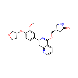 COc1cc(-c2cc3ncccc3c(OC[C@H]3CNC(=O)C3)n2)ccc1O[C@@H]1CCOC1 ZINC000141907250