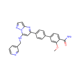 COc1cc(-c2ccc(-c3cc(NCc4cccnc4)n4nccc4n3)cc2)ccc1C(N)=O ZINC001772617236