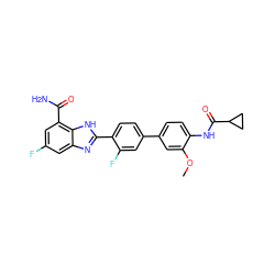 COc1cc(-c2ccc(-c3nc4cc(F)cc(C(N)=O)c4[nH]3)c(F)c2)ccc1NC(=O)C1CC1 ZINC000474603498