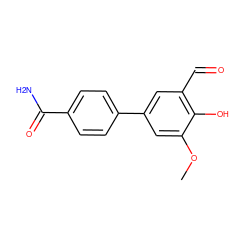 COc1cc(-c2ccc(C(N)=O)cc2)cc(C=O)c1O ZINC000169699641