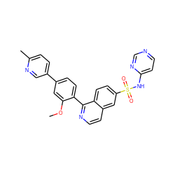 COc1cc(-c2ccc(C)nc2)ccc1-c1nccc2cc(S(=O)(=O)Nc3ccncn3)ccc12 ZINC000225124079