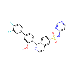 COc1cc(-c2ccc(F)c(F)c2)ccc1-c1nccc2cc(S(=O)(=O)Nc3ccncn3)ccc12 ZINC000225088540