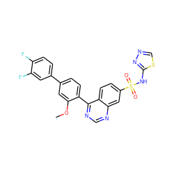 COc1cc(-c2ccc(F)c(F)c2)ccc1-c1ncnc2cc(S(=O)(=O)Nc3nncs3)ccc12 ZINC000225117709