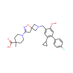 COc1cc(-c2ccc(F)cc2)c(C2CC2)cc1CN1CC2(CC(N3CCC(C)(C(=O)O)CC3)=NO2)C1 ZINC001772579842