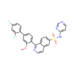 COc1cc(-c2ccc(F)cc2F)ccc1-c1nccc2cc(S(=O)(=O)Nc3ccncn3)ccc12 ZINC000225115308