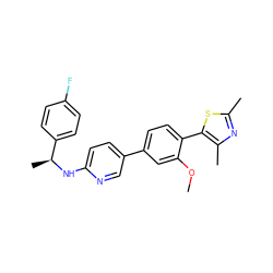 COc1cc(-c2ccc(N[C@@H](C)c3ccc(F)cc3)nc2)ccc1-c1sc(C)nc1C ZINC000072177244