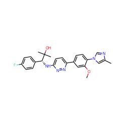 COc1cc(-c2ccc(N[C@H](c3ccc(F)cc3)C(C)(C)O)nn2)ccc1-n1cnc(C)c1 ZINC000072173103