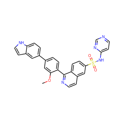 COc1cc(-c2ccc3[nH]ccc3c2)ccc1-c1nccc2cc(S(=O)(=O)Nc3ccncn3)ccc12 ZINC000225121319