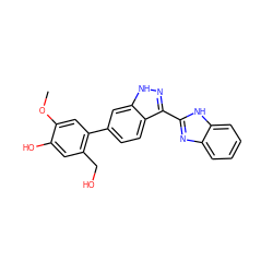 COc1cc(-c2ccc3c(-c4nc5ccccc5[nH]4)n[nH]c3c2)c(CO)cc1O ZINC000166944446