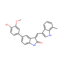 COc1cc(-c2ccc3c(c2)/C(=C/c2c[nH]c4c(C)cccc24)C(=O)N3)ccc1O ZINC000014956237