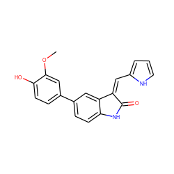 COc1cc(-c2ccc3c(c2)/C(=C/c2ccc[nH]2)C(=O)N3)ccc1O ZINC000014956229