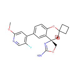 COc1cc(-c2ccc3c(c2)[C@]2(COC(N)=N2)C2(COC2)C2(CCC2)O3)c(F)cn1 ZINC000149405663