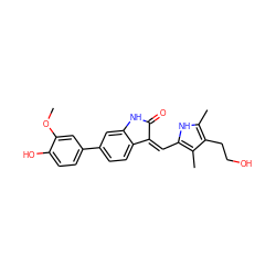 COc1cc(-c2ccc3c(c2)NC(=O)/C3=C\c2[nH]c(C)c(CCO)c2C)ccc1O ZINC000014956319