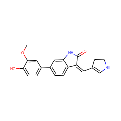 COc1cc(-c2ccc3c(c2)NC(=O)/C3=C\c2cc[nH]c2)ccc1O ZINC000014956323