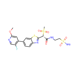 COc1cc(-c2ccc3nc([C@@H](C(=O)NCCS(N)(=O)=O)S(C)(=O)=O)sc3c2)c(F)cn1 ZINC000143968846