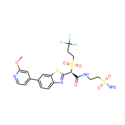 COc1cc(-c2ccc3nc([C@H](C(=O)NCCS(N)(=O)=O)S(=O)(=O)CCC(F)(F)F)sc3c2)ccn1 ZINC000261097105