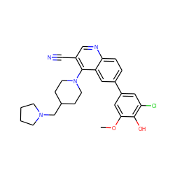 COc1cc(-c2ccc3ncc(C#N)c(N4CCC(CN5CCCC5)CC4)c3c2)cc(Cl)c1O ZINC000114037490