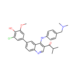 COc1cc(-c2ccc3ncc(C(=O)C(C)C)c(Nc4ccc(CN(C)C)cc4)c3c2)cc(Cl)c1O ZINC000219347058