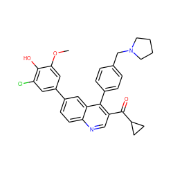 COc1cc(-c2ccc3ncc(C(=O)C4CC4)c(-c4ccc(CN5CCCC5)cc4)c3c2)cc(Cl)c1O ZINC000114038448