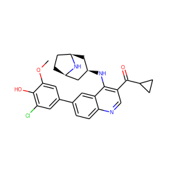 COc1cc(-c2ccc3ncc(C(=O)C4CC4)c(N[C@@H]4C[C@@H]5CC[C@H](C4)N5)c3c2)cc(Cl)c1O ZINC000473152136
