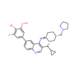 COc1cc(-c2ccc3ncc(C(=O)C4CC4)c(N[C@H]4CC[C@H](CN5CCCC5)CC4)c3c2)cc(Cl)c1O ZINC000473152106