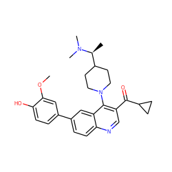 COc1cc(-c2ccc3ncc(C(=O)C4CC4)c(N4CCC([C@H](C)N(C)C)CC4)c3c2)ccc1O ZINC000215726333