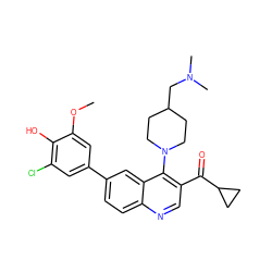 COc1cc(-c2ccc3ncc(C(=O)C4CC4)c(N4CCC(CN(C)C)CC4)c3c2)cc(Cl)c1O ZINC000199584798