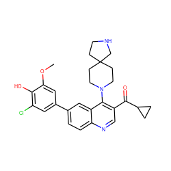 COc1cc(-c2ccc3ncc(C(=O)C4CC4)c(N4CCC5(CCNC5)CC4)c3c2)cc(Cl)c1O ZINC000114035172