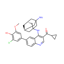 COc1cc(-c2ccc3ncc(C(=O)C4CC4)c(NC45C[C@H]6C[C@@H](CC(N)(C6)C4)C5)c3c2)cc(Cl)c1O ZINC000219364273