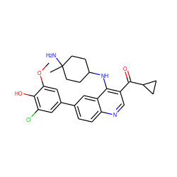 COc1cc(-c2ccc3ncc(C(=O)C4CC4)c(NC4CCC(C)(N)CC4)c3c2)cc(Cl)c1O ZINC000203799110