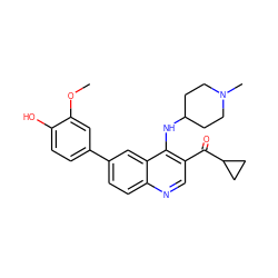 COc1cc(-c2ccc3ncc(C(=O)C4CC4)c(NC4CCN(C)CC4)c3c2)ccc1O ZINC000114038042